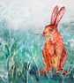 Hare sitting with turquoise background. Original painting - Image 7