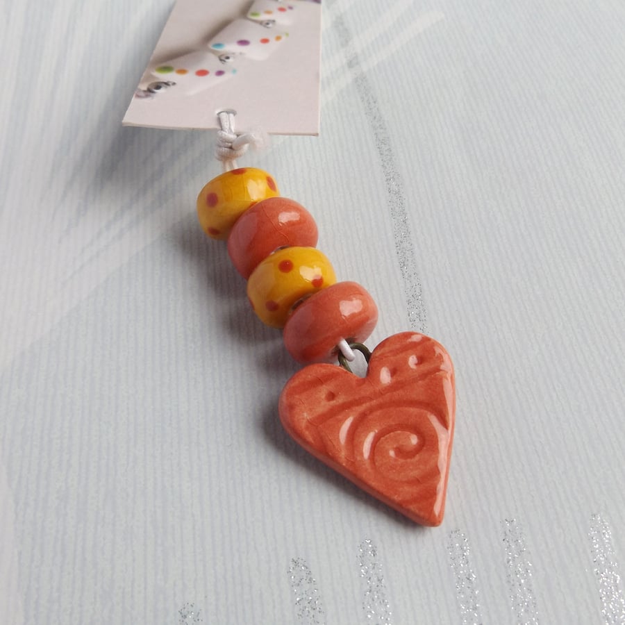 Handmade Ceramic Bead set with textured heart pendant