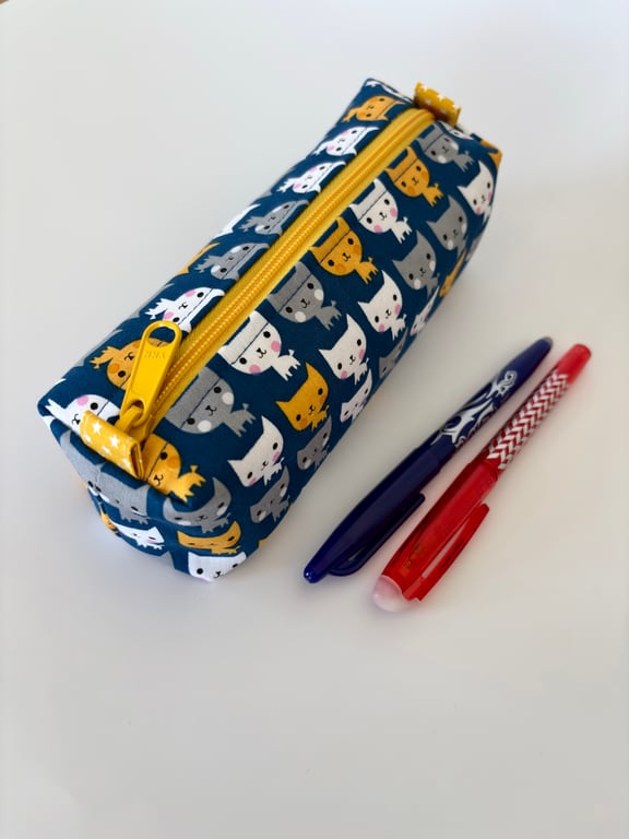Small cat boxy pencil case - padded zipped fabric pouch for pens, crafts, makeup