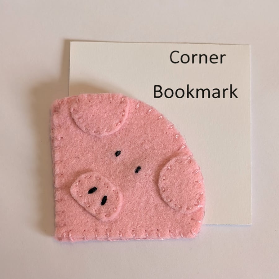 Handmade handsewn felt corner bookmark - pig