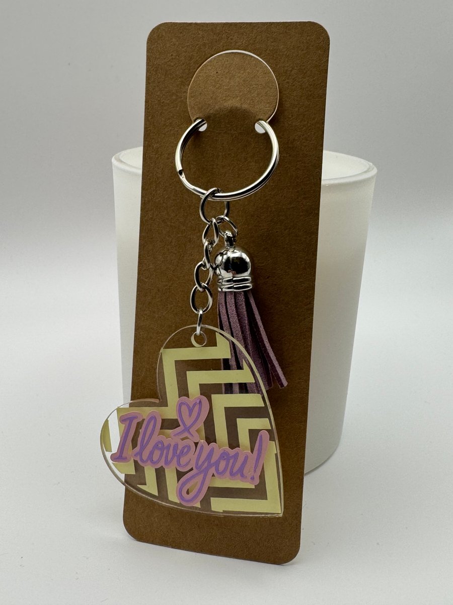 I Love You Heart Keychain – Purple & Gold Geometric Design with Tassel
