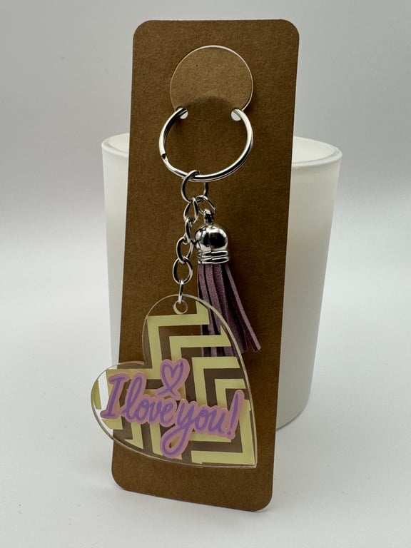 I Love You Heart Keychain – Purple & Gold Geometric Design with Tassel