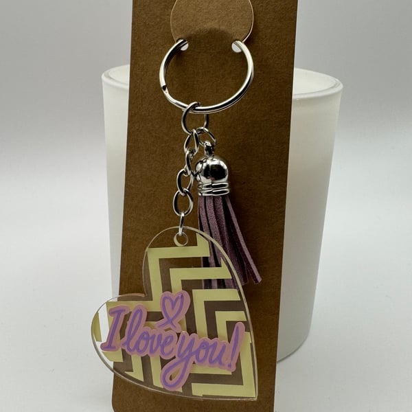 I Love You Heart Keychain – Purple & Gold Geometric Design with Tassel