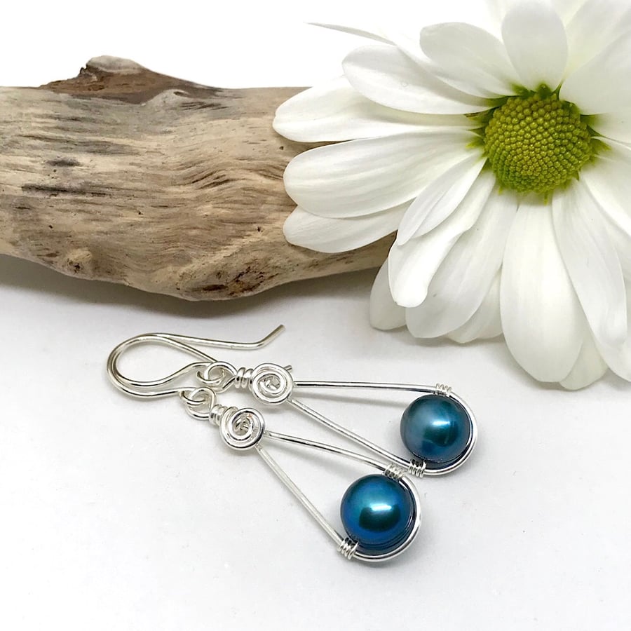 Silver Pearl Earrings, Teal