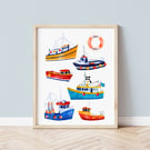 Cornish Fishing Boats A4 Art Print – Watercolour Coastal Wall Art