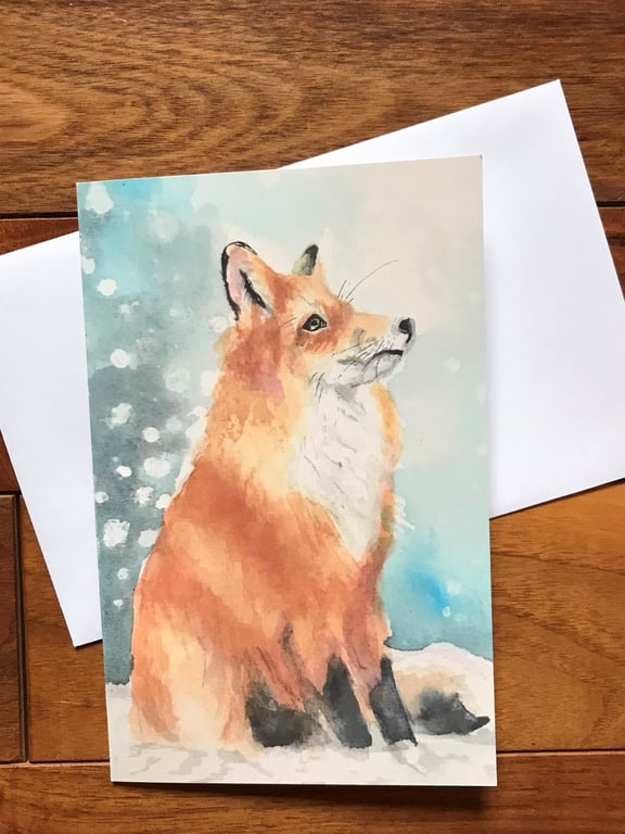 Snow gazing fox Christmas card by British artist