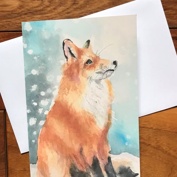 Snow gazing fox Christmas card by British artist