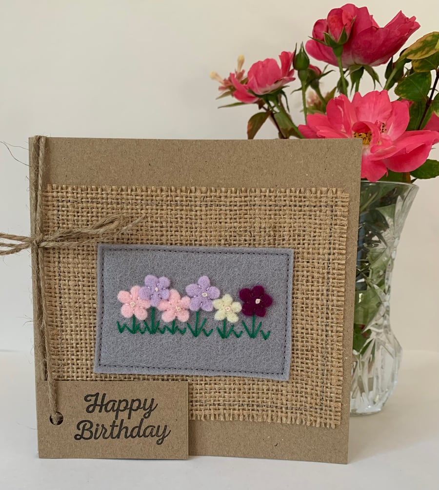 Handmade Birthday card. Pink and lilac flowers from wool felt. Keepsake card.