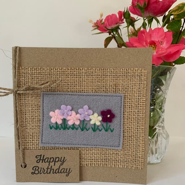 Handmade Birthday card. Pink and lilac flowers from wool felt. Keepsake card.