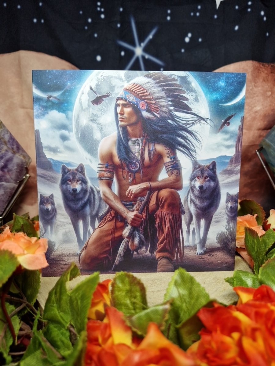 Native Indian Warrior Chief With Spirit Animal Wolf Greetings Card 
