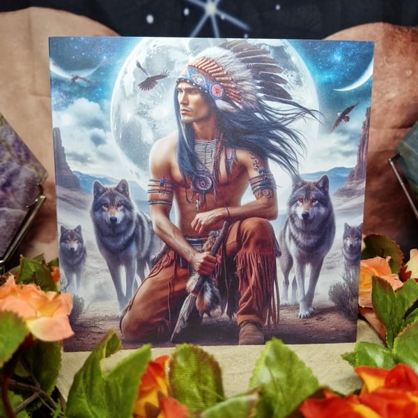 Native Indian Warrior Chief With Spirit Animal Wolf Greetings Card 