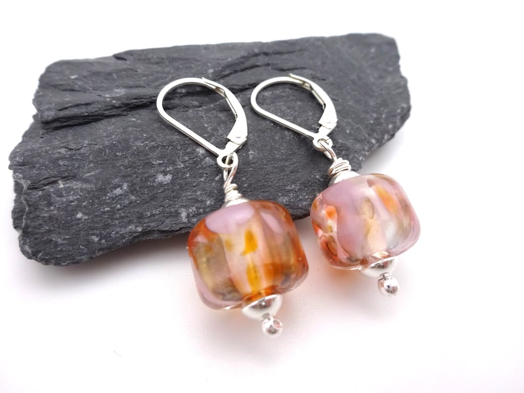orange and lilac lampwork glass earrings