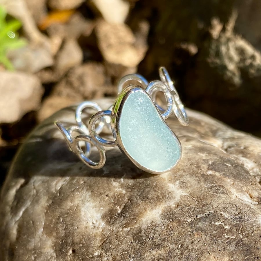 Image of Pale Blue Seaglass Silver Hoop Ring - Size S- 1364