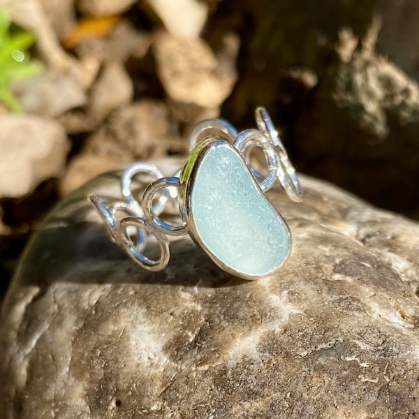 Pale Blue Seaglass Silver Hoop Ring - Size S- 1364