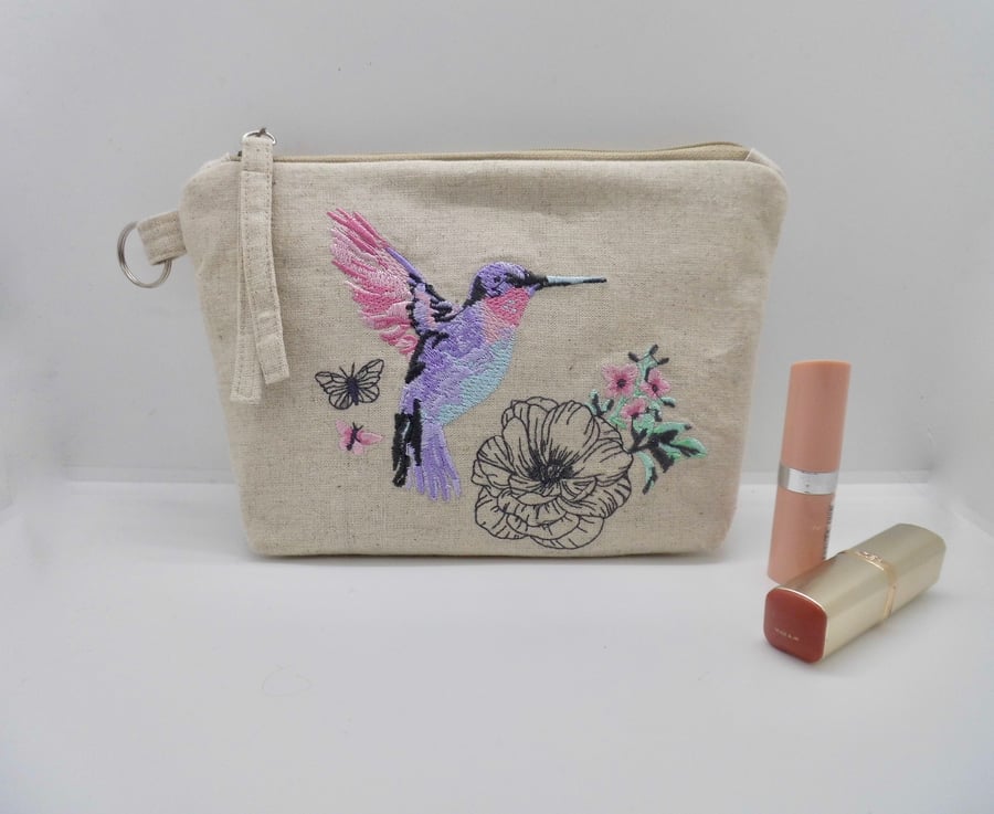 Make up bag in cotton linen fabric embroidered hummingbird humming bird