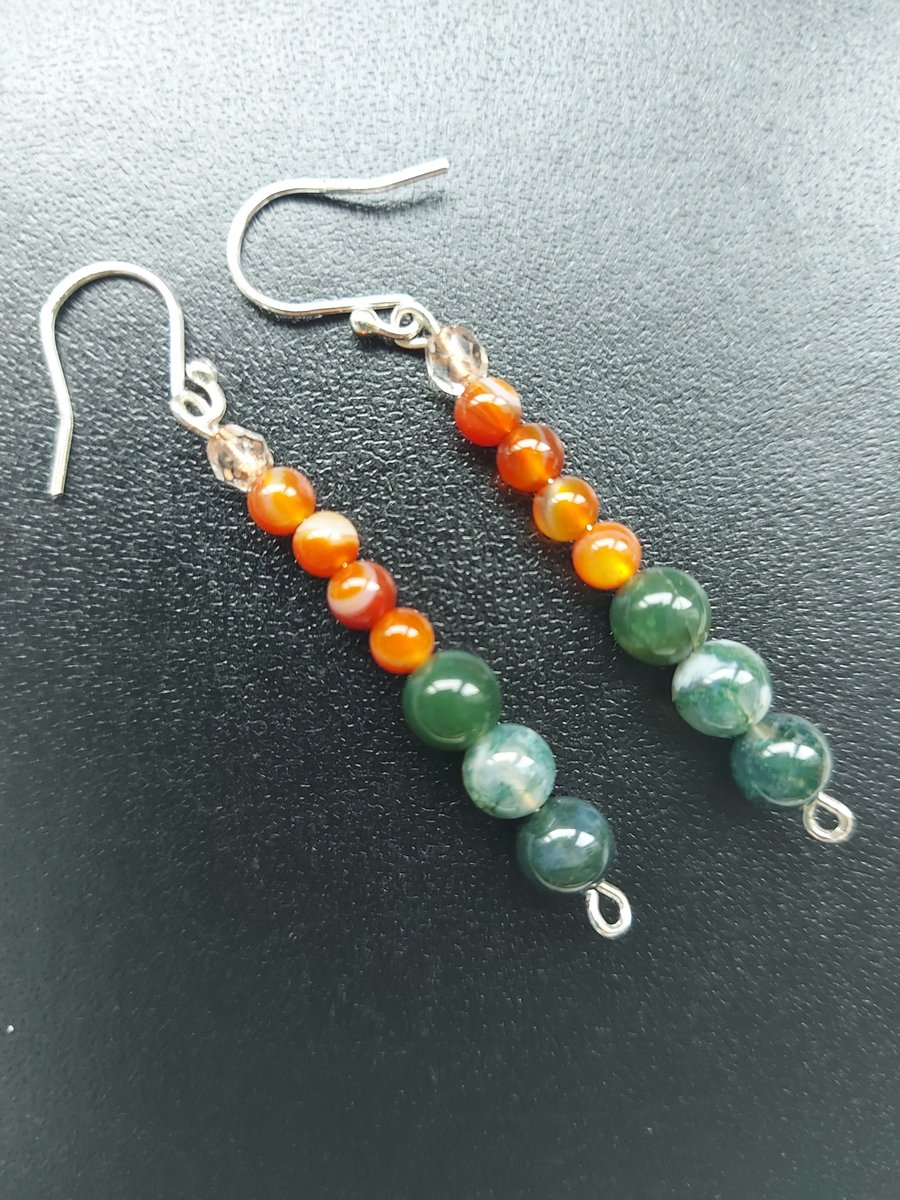 Green and orange gemstone dangle earrings with moss agate, carnelian and silver