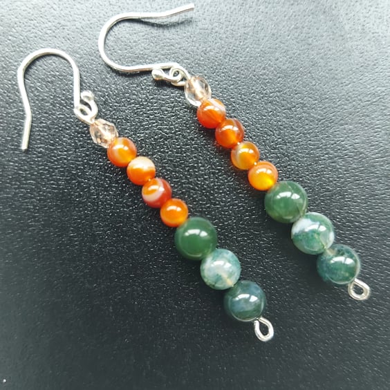 Green and orange gemstone dangle earrings with moss agate, carnelian and silver