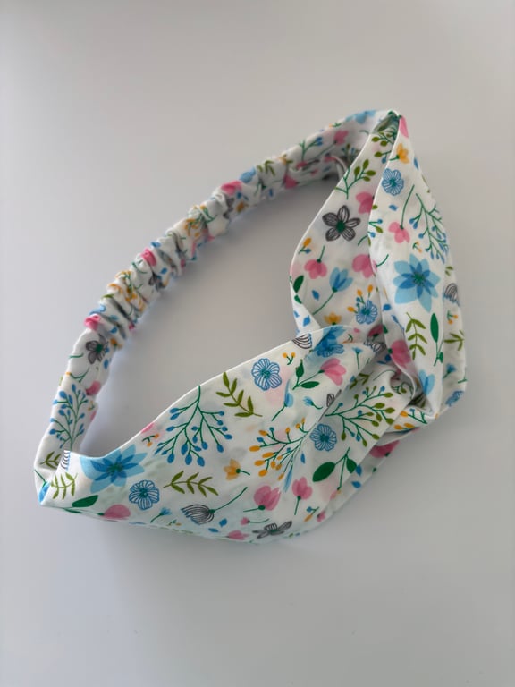 Cotton headband, twist knot style hairband in a white, pink & blue floral design