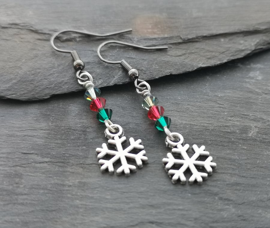 Festive snowflake and Swarovski crystal earrings, Christmas