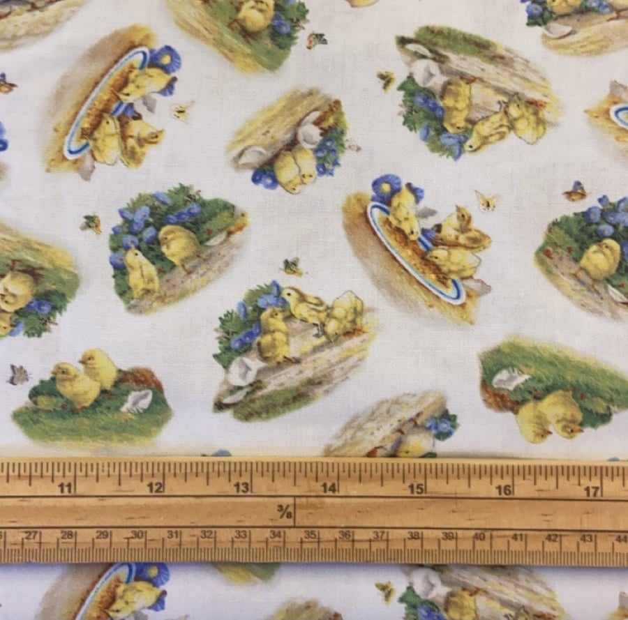 Fat Quarter Joyful Countryside Chicks Chickens On Blue 100% Cotton Quilting Fabr