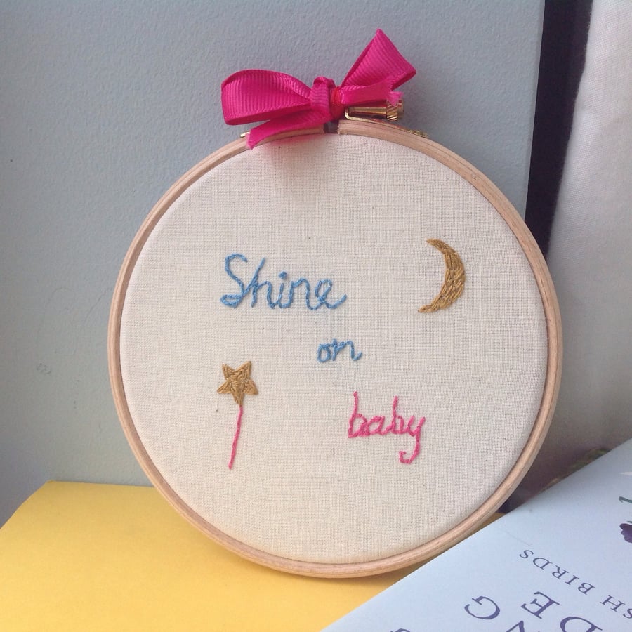 Shine On Baby Nursery Hand Embroidered Wall Hoop Decoration
