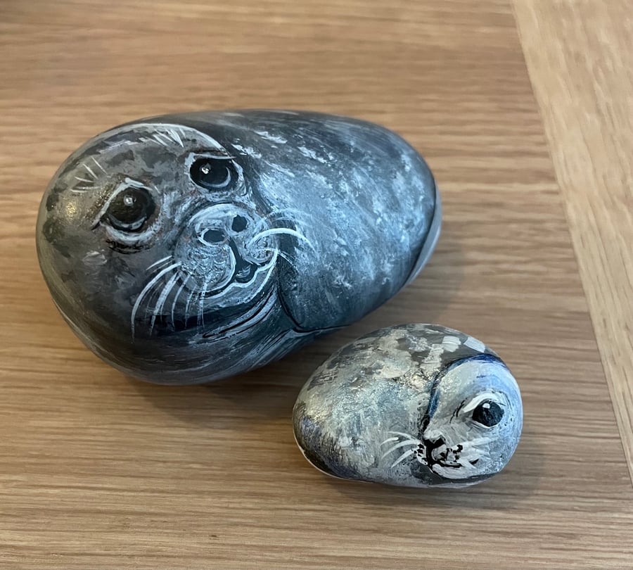 Mother and baby seal painted pebble wildlife art Folksy