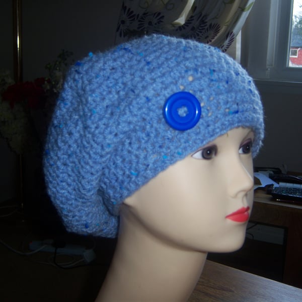 CHUNKY BLUE FLECK SLOUCHY BEANIE 22 .23 INS HEAD 