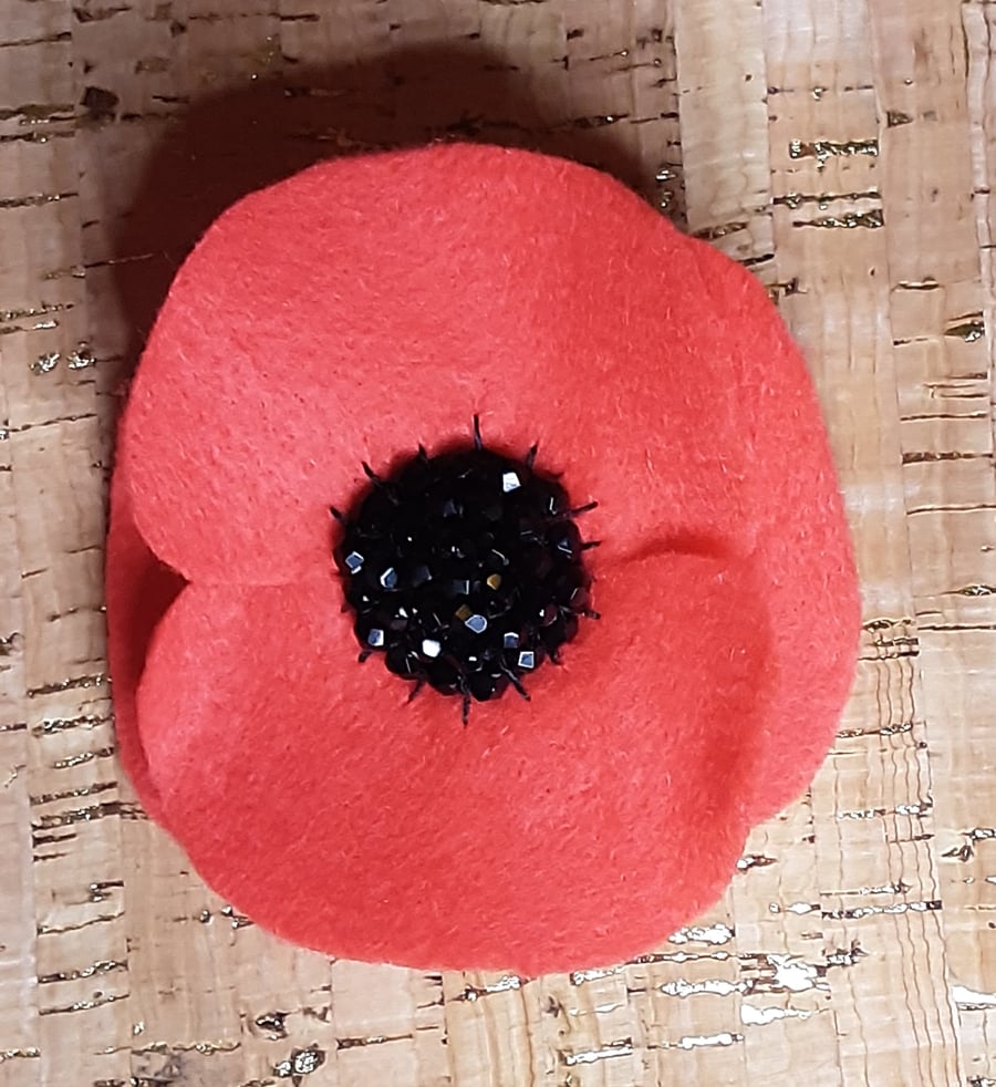 Remembrance Day Poppy Red Felt Brooch, Beaded Centre, Large