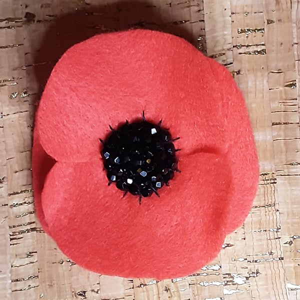 Remembrance Day Poppy Red Felt Brooch, Beaded Centre, Large