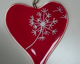 Fused Glass Hanging Dandelion Heart