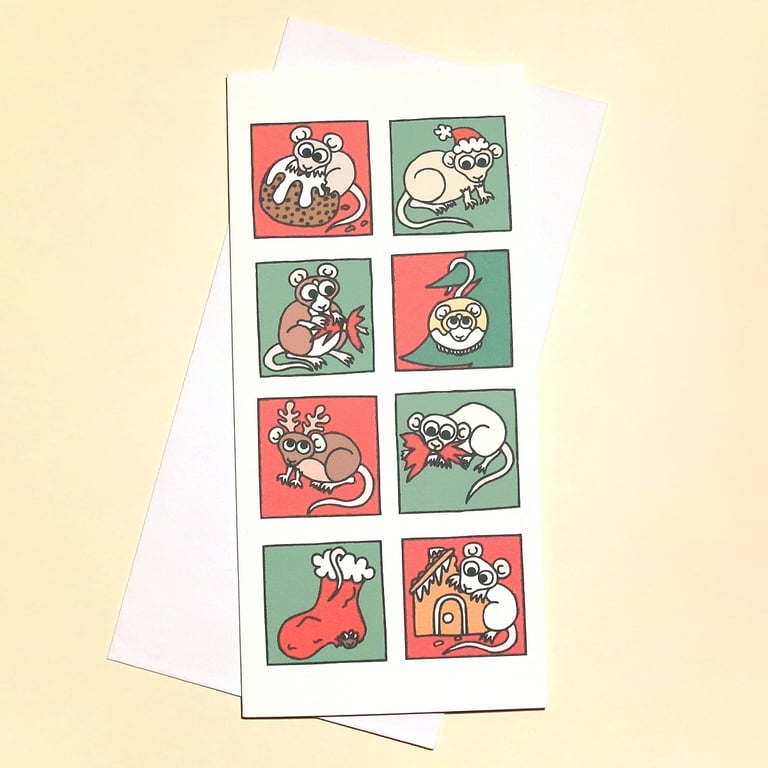 Rat Christmas Card - tall red and green card with festive rats L-XRG