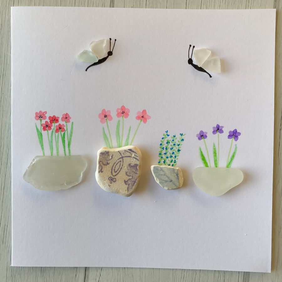 Cornwall sea glass and sea pottery plant pot greetings card