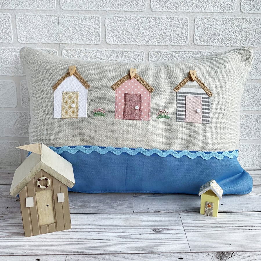Beach Huts Cushion with Sea Pinks
