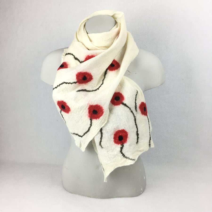 White merino wool nuno felted poppy scarf, longer length