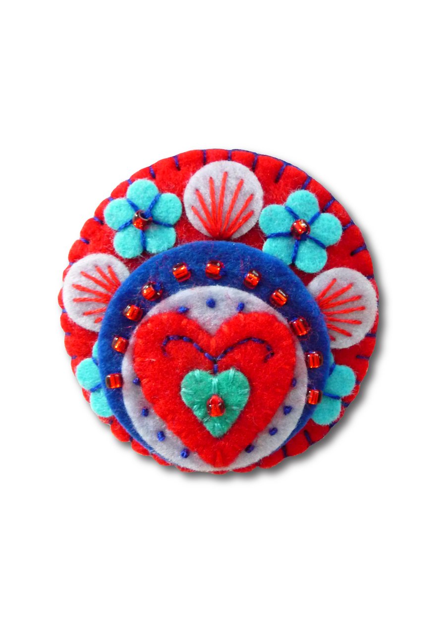 FB069 - Heart to Heart - Handmade Mini Felt Brooch - Red - Made to order
