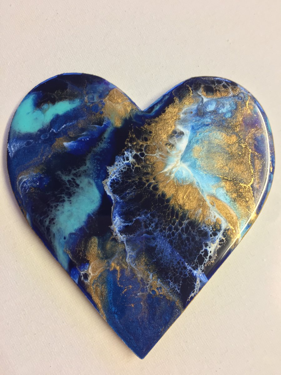 Heart shaped, mini abstract resin painting, blue, turquoise, gold 
