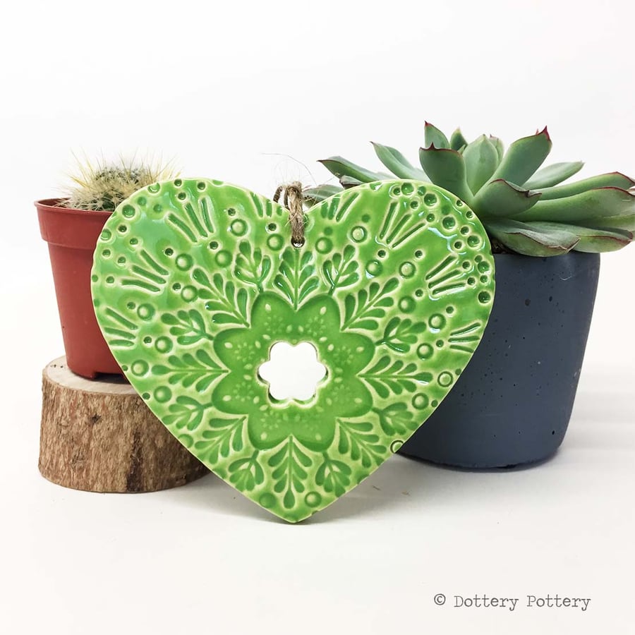 Ceramic heart hanging decoration Pottery Heart Folk heart love heart GREEN