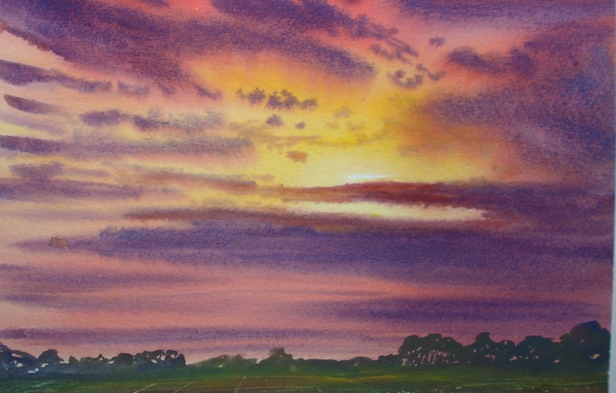 Sunset (Original watercolour art) Fully mounted 12" x 10"