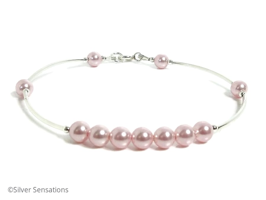 Pastel Pink Pearls & Sterling Silver Bangle Bracelet For Bridesmaids & Proms etc