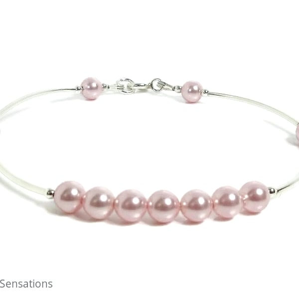 Pastel Pink Pearls & Sterling Silver Bangle Bracelet For Bridesmaids & Proms etc