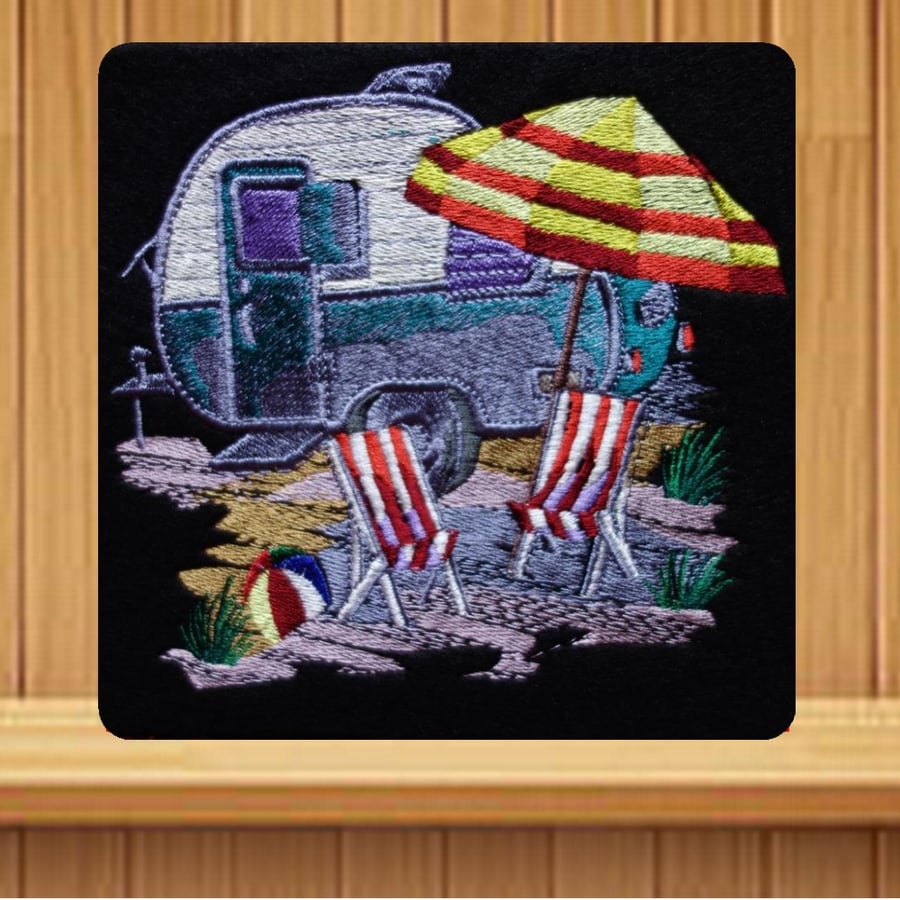 Handmade caravan and deckchairs greetings card embroidered design