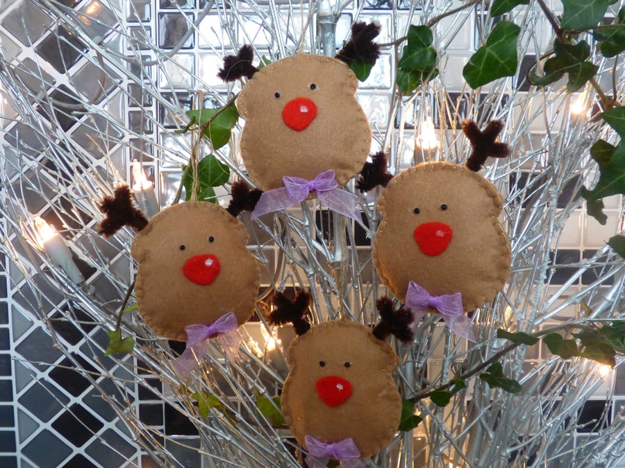 Felt Reindeer Tree Decorations Lilac Ribbon FREE POST