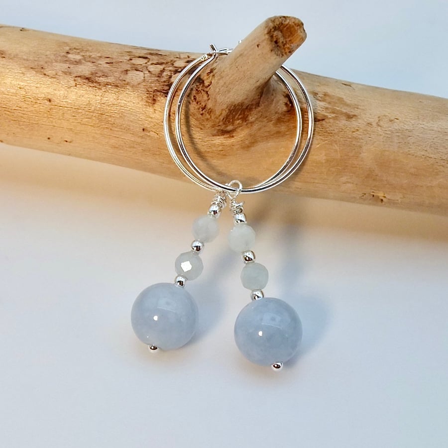 Aquamarine & Sterling Silver Hoop Earrings, March Birthday, Anniversary Gift