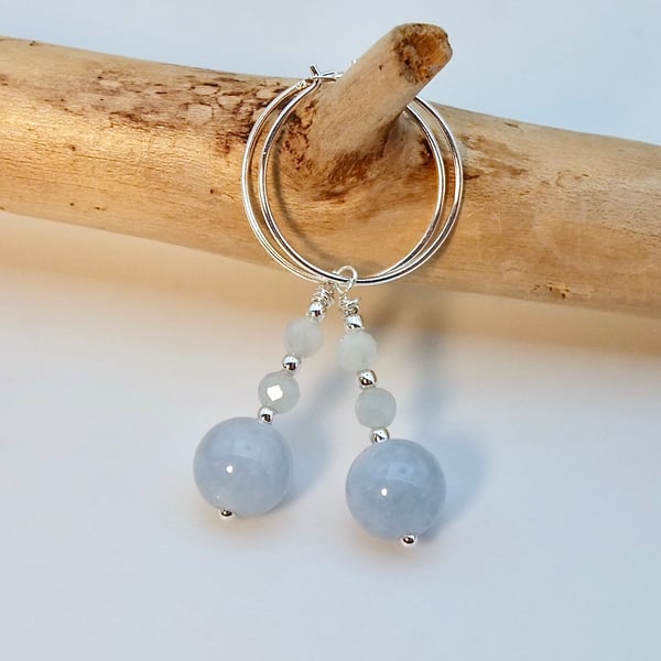 Aquamarine & Sterling Silver Hoop Earrings, March Birthday, Anniversary Gift