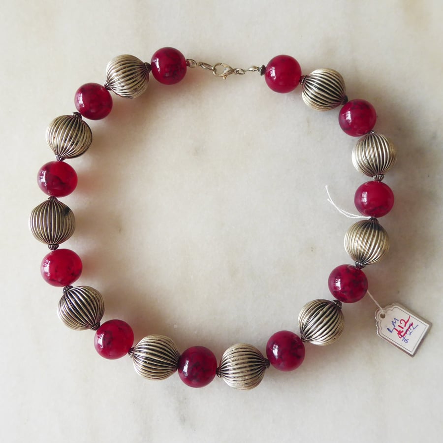 Dark Red and Large Ribbed Silver Beaded Choker Style Necklace - Summer Seconds