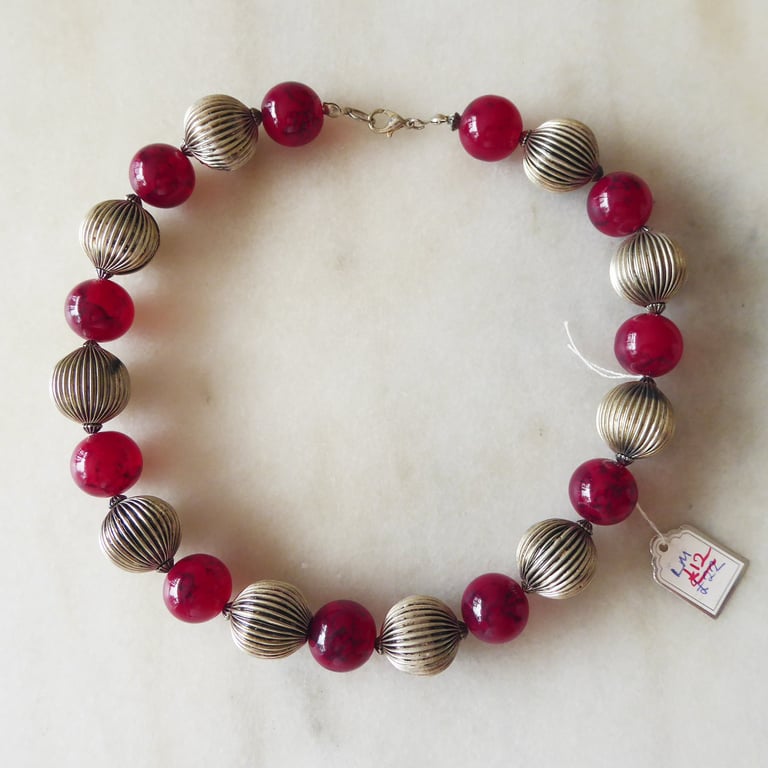 Dark Red and Large Ribbed Silver Beaded Choker Style Necklace - Summer Seconds
