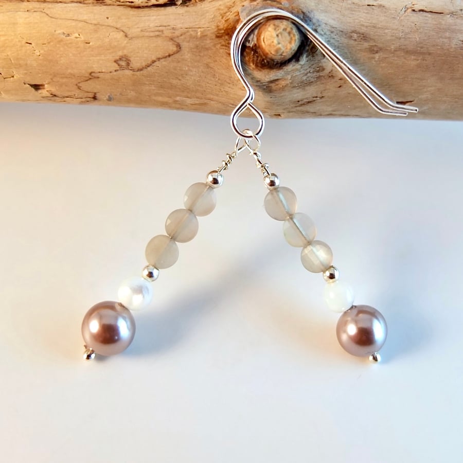Moonstone And Shell Pearl Earrings - Handmade Gift, Birthday, June, Wedding