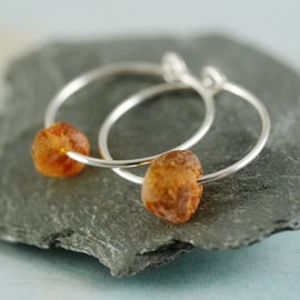 Silver Amber Hoops Sterling Silver Sleeper Earrings w Amber Beads Gem hoops Bead