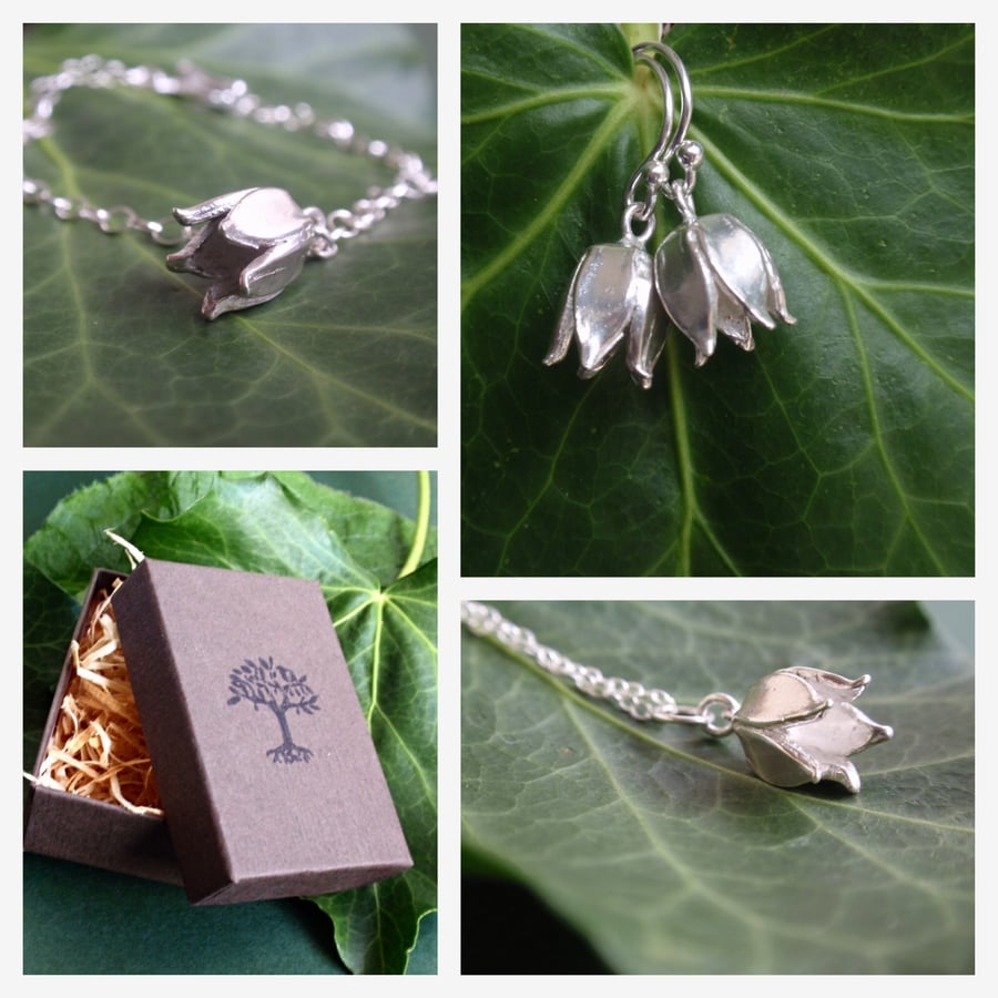 Sterling silver jewellery set with flower bud, lovely gardeners gift