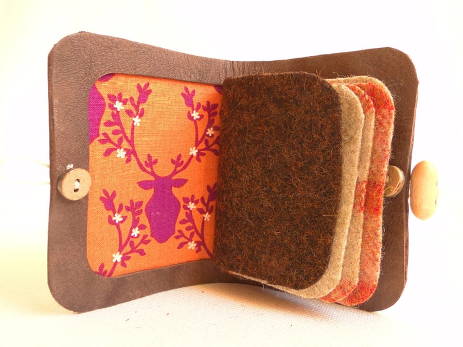 Stag Head Fabric Needle Case - Sewing Accessory - Brown Leather Needle Book 